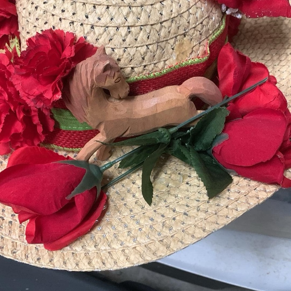 Straw Hat with Red Floral Accents